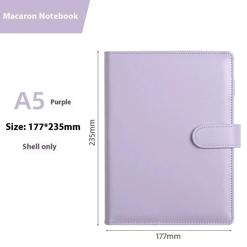 A5 PU leather notebook binder shell with zipper closed, shown in a selection of solid colours.
