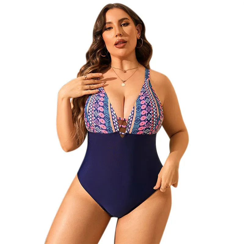Leopard print plus size one-piece swimsuit with V-neck and sleeveless design for women