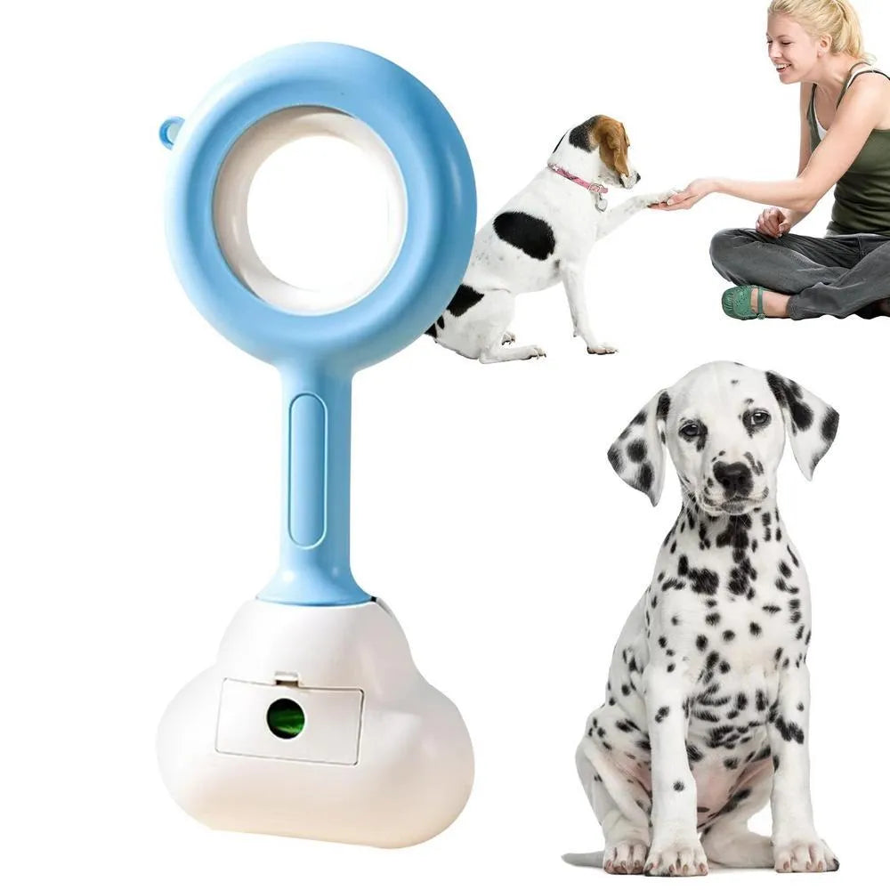 Blue and yellow dog pooper scooper with cloud-shaped jaw and ergonomic grip
