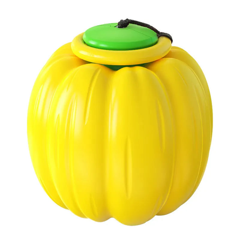Plastic orange pumpkin-shaped dog chew toy with squeaker for small dogs on a green background.