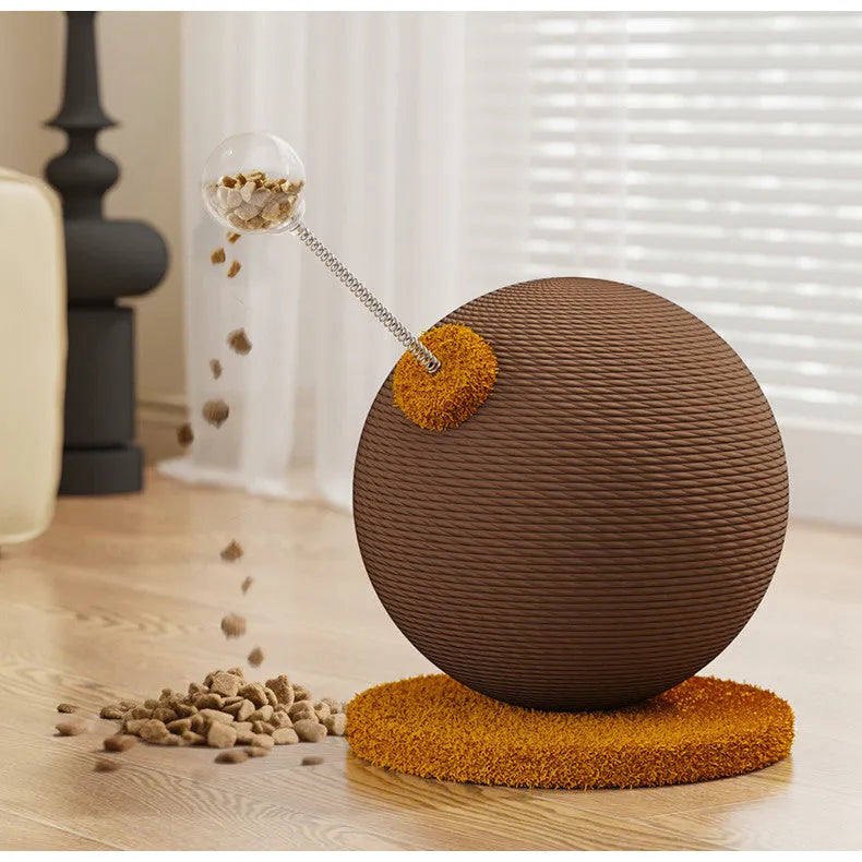 Large and small hemp rope cat scratch board with cat grasping ball or tumbler design.