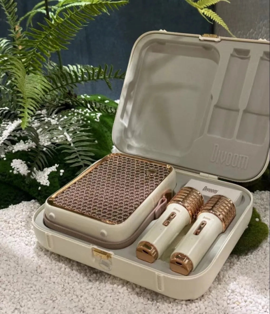 Dual microphone Bluetooth speaker suit in green or white with one audio unit and two microphones for karaoke