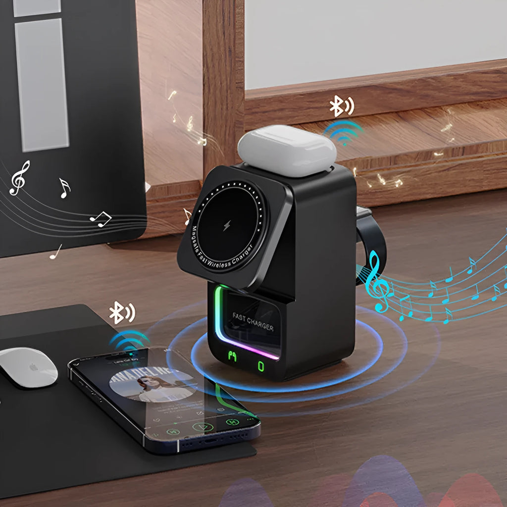 Black and white Bluetooth speaker wireless charger with magnetic charging support on desk