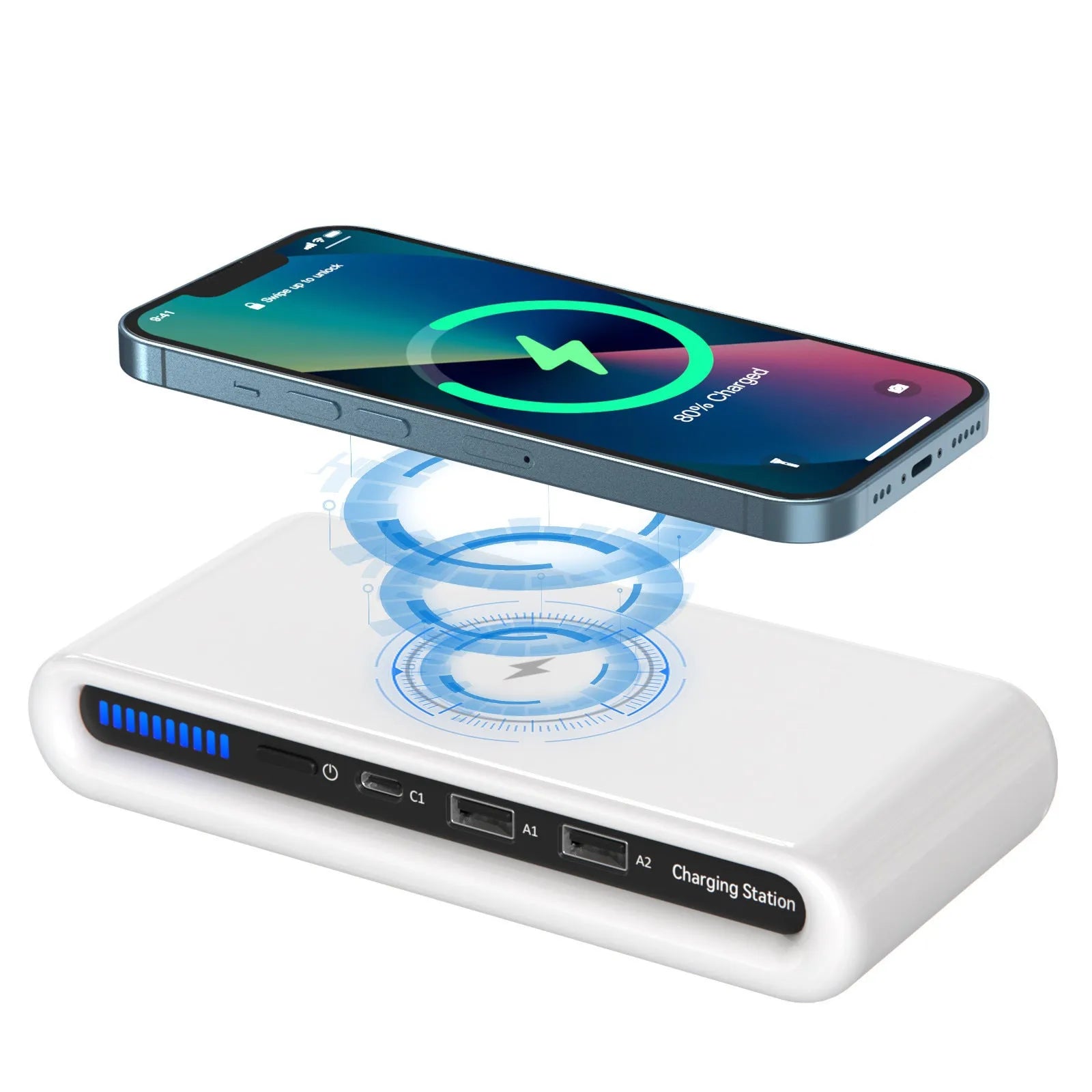 White desktop wireless charger with 15W fast charging and 8-colour atmosphere lamp functions