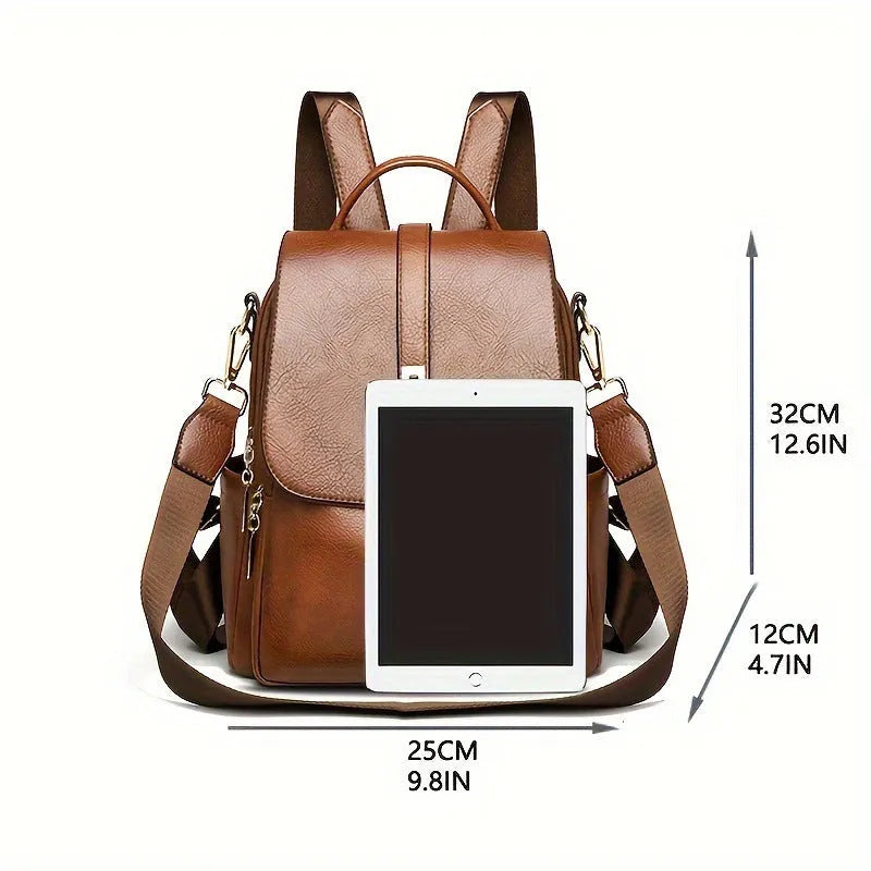 Ladies PU backpack in black or dark brown with large capacity, sandwich pocket, and commuter design