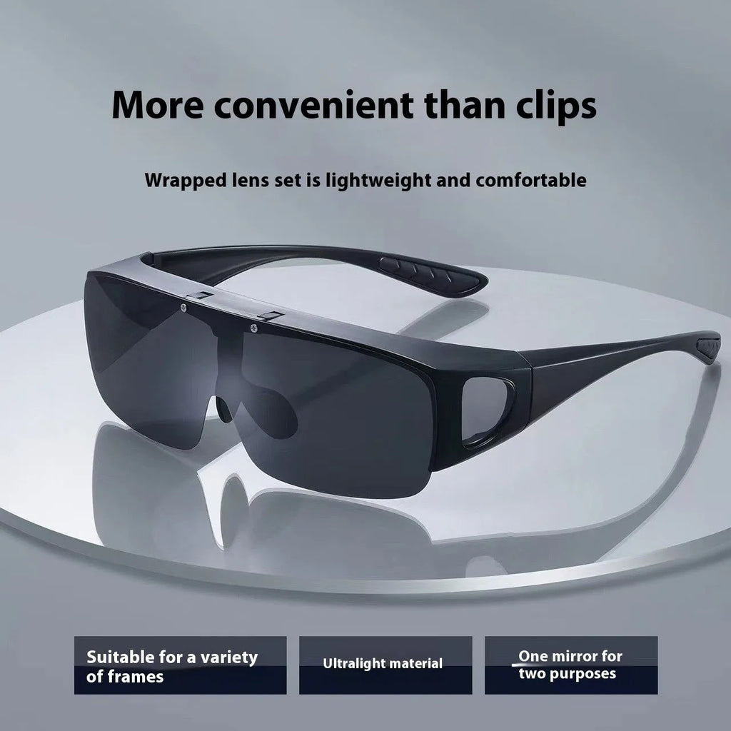 Pair of polarised myopia sunglasses with a one-piece frame, shown with dark lenses for outdoor sports use.
