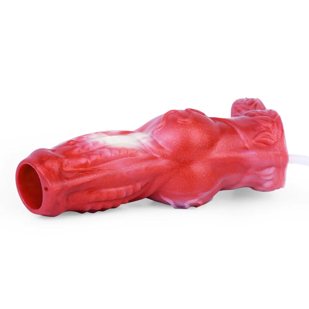 Silicone wearable male masturbator toy with manual water spray control syringe, shown in M and L size options.
