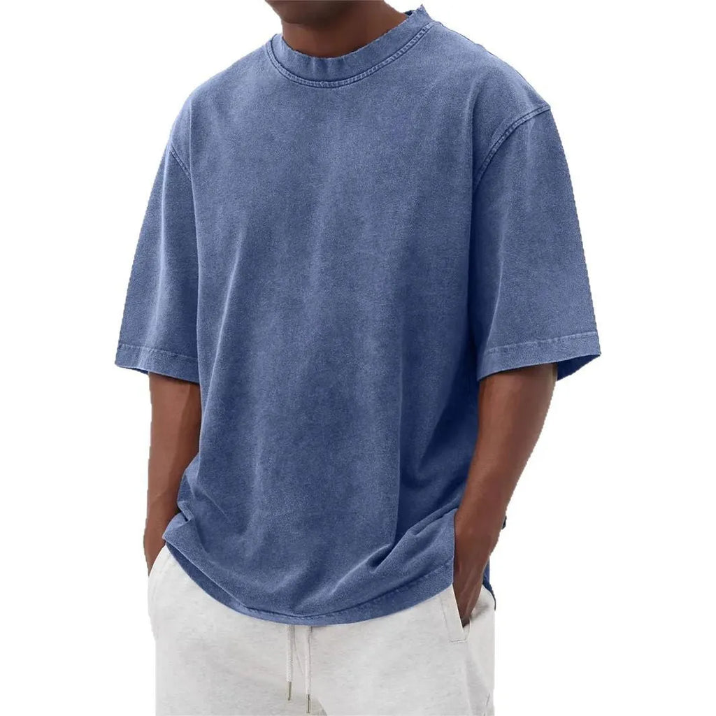 Men's stone-washed polyester pullover t-shirt in army green colour with loose fit design