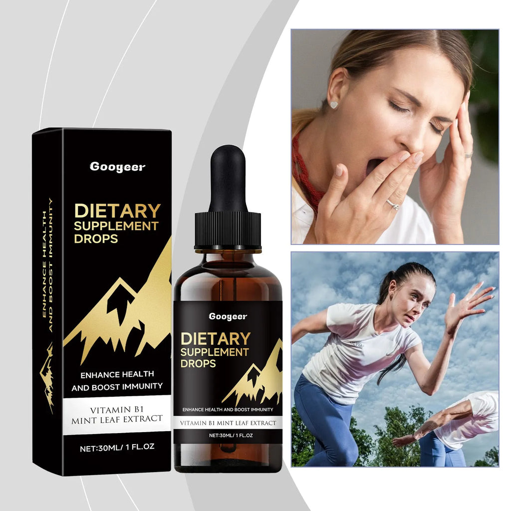 Bottle of dietary supplement drops with a measured dropper for dosage control.