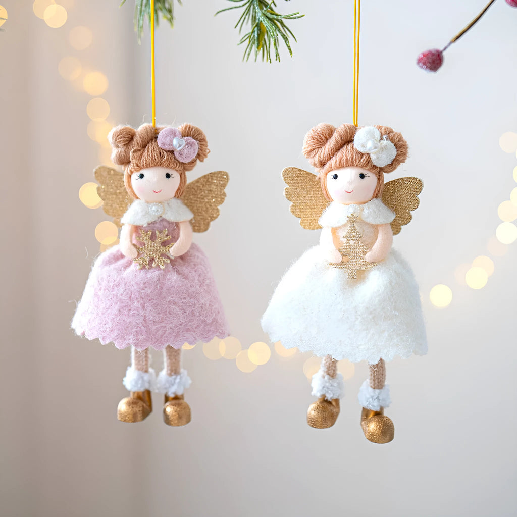 Pink and white cloth angel wings Christmas pendant with plush texture