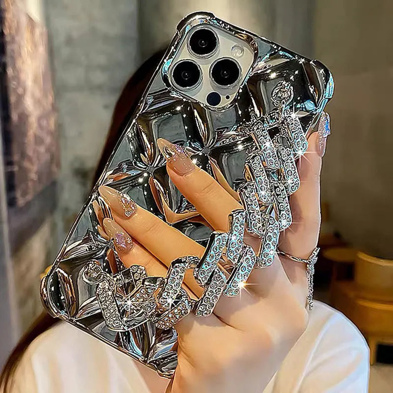 iPhone case with a connected chain bracelet and flash diamond lock on a TPU case with a plated rhombus pattern
