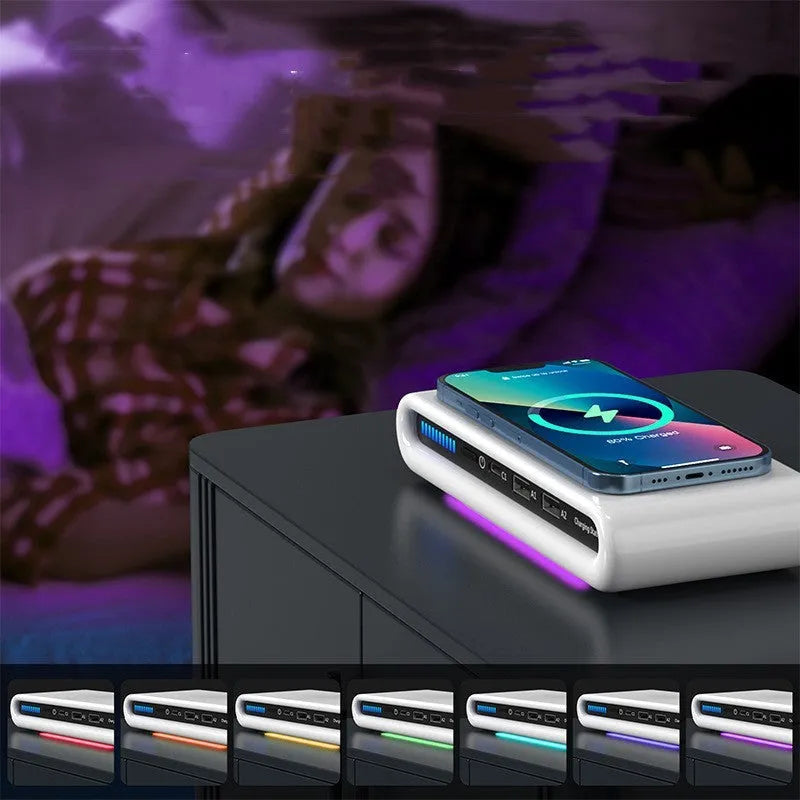 White desktop wireless charger with 15W fast charging and 8-colour atmosphere lamp functions