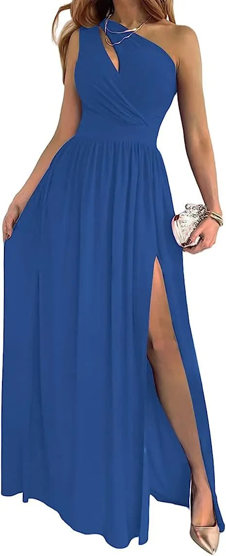 Women's apricot one shoulder maxi dress with cutout and high side split