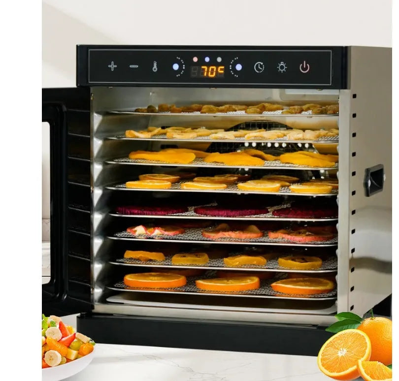 Stainless steel fruit dehydrator with visual skylight window showing drying trays inside