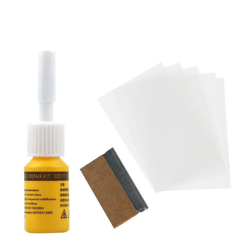 Yellow three-piece car glass repair agent tool set with liquid resin for windshield cracks
