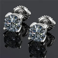 Sterling silver moissanite screw back stud earrings with geometric cut and four-claw setting