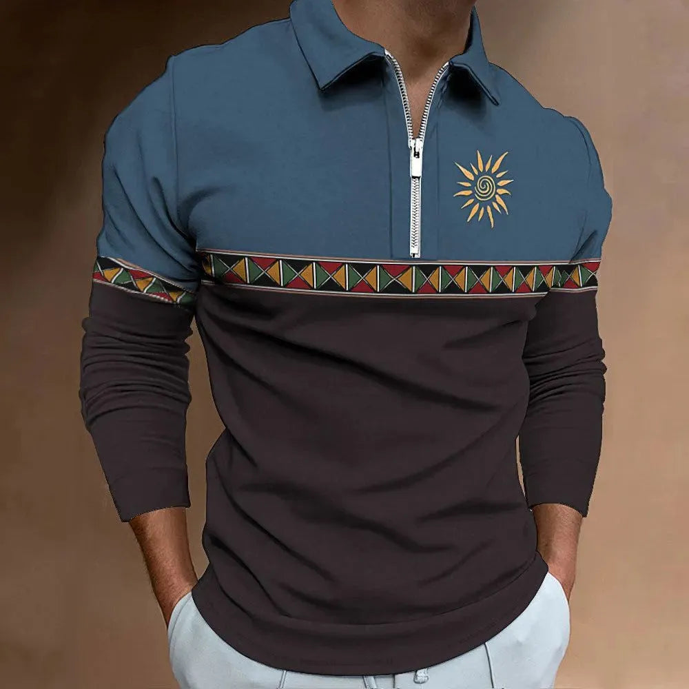 Men's retro colour print golf top with striped pattern and zipper decorations on polyester bird eye cloth