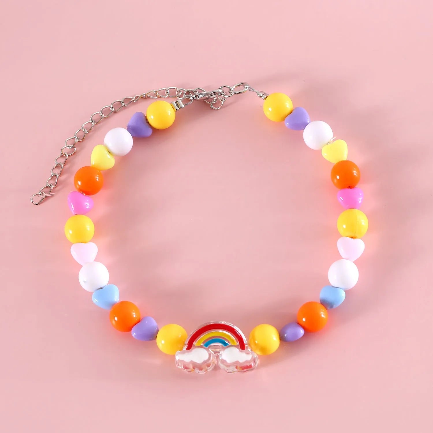 Adjustable colourful beads plastic cat necklace in peach, rainbow and small flower designs