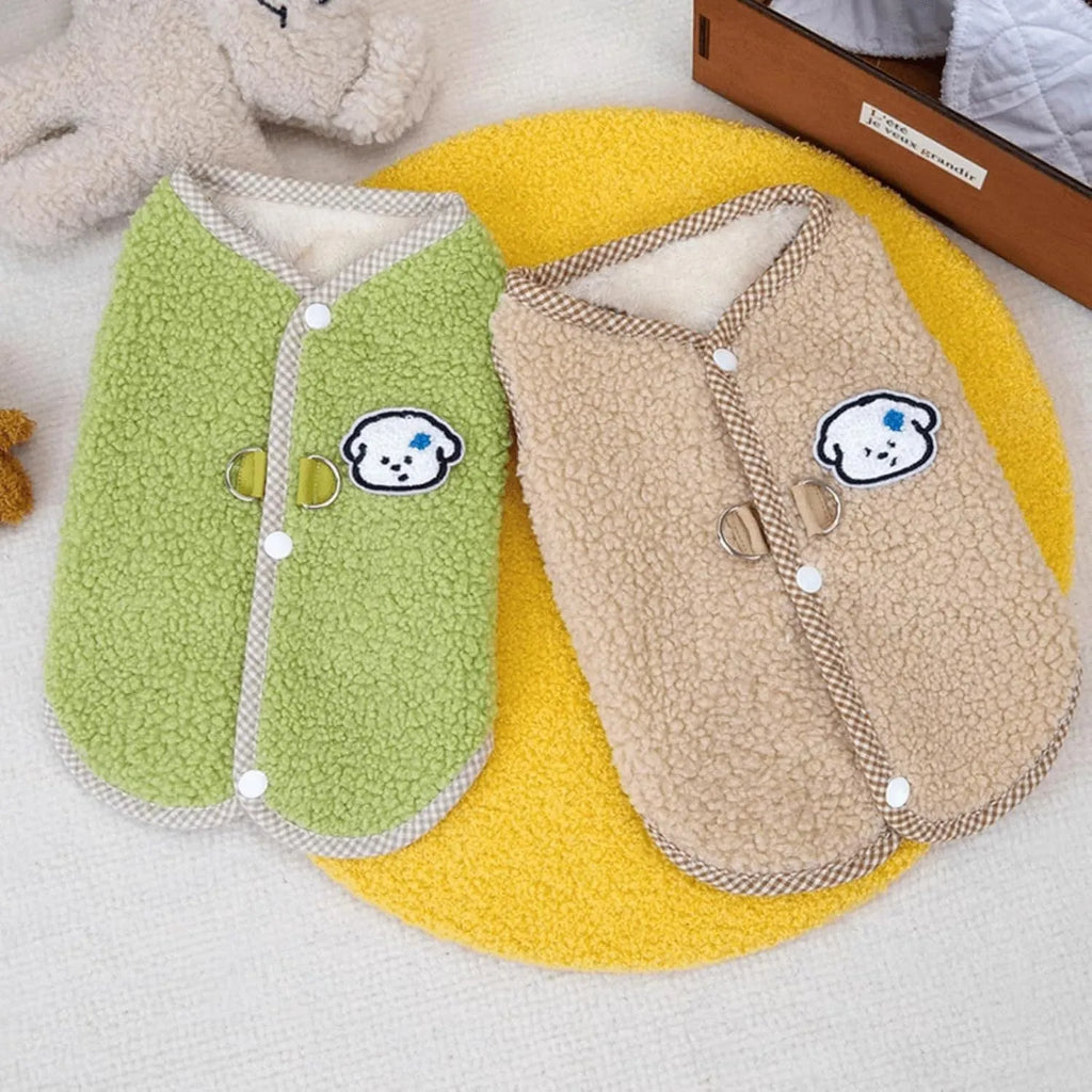 Green thickened coral fleece dog sweatshirt vest with leash ring for small pets