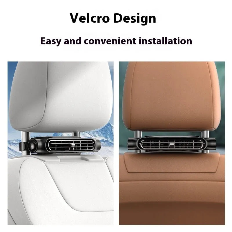 USB plug-in car seat fan showing no-blade design, Velcro strip, and USB cable, in black colour.