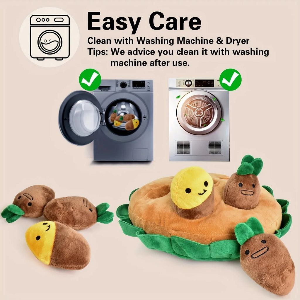 Yellow interactive dog puzzle with removable squeaky plush toys and slow feeder play pads