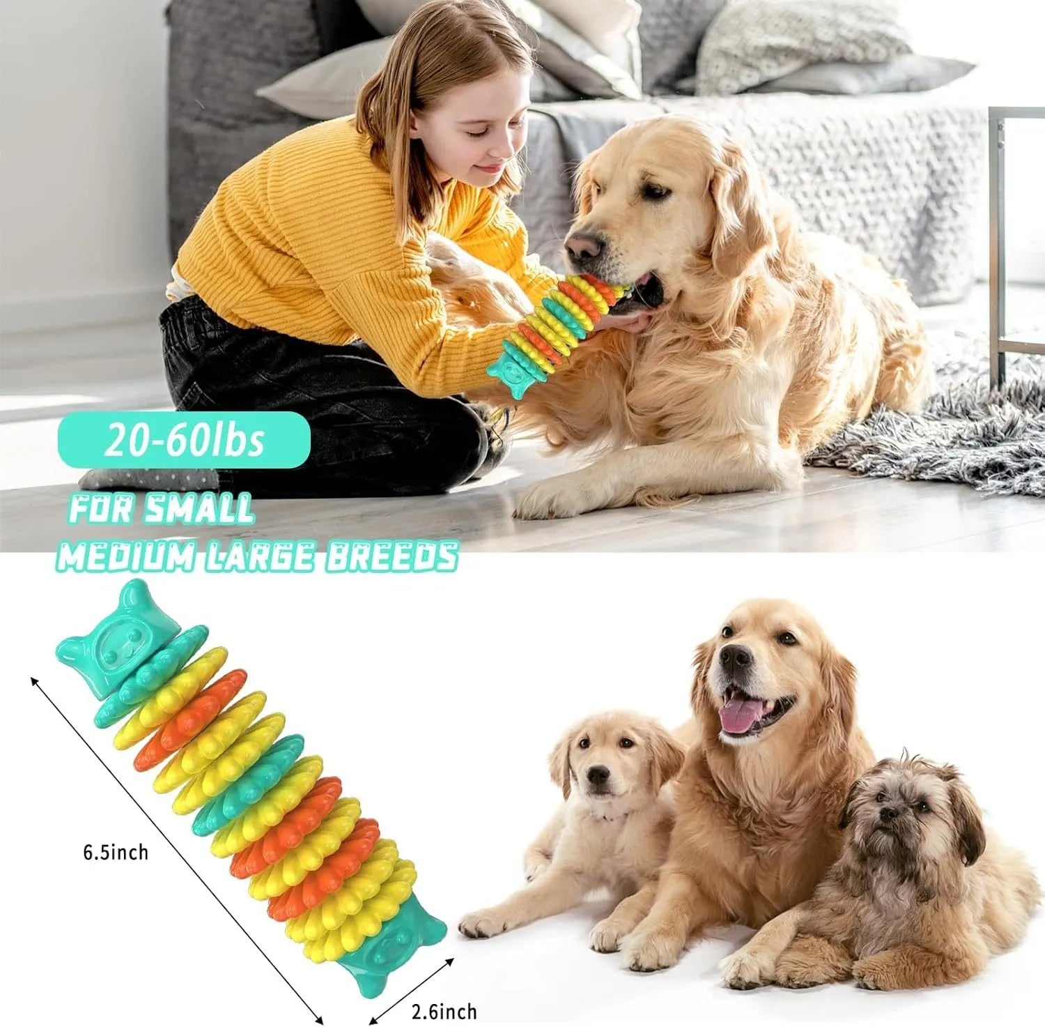 Blue green pink caterpillar shaped natural rubber dog chew toy 17cm long