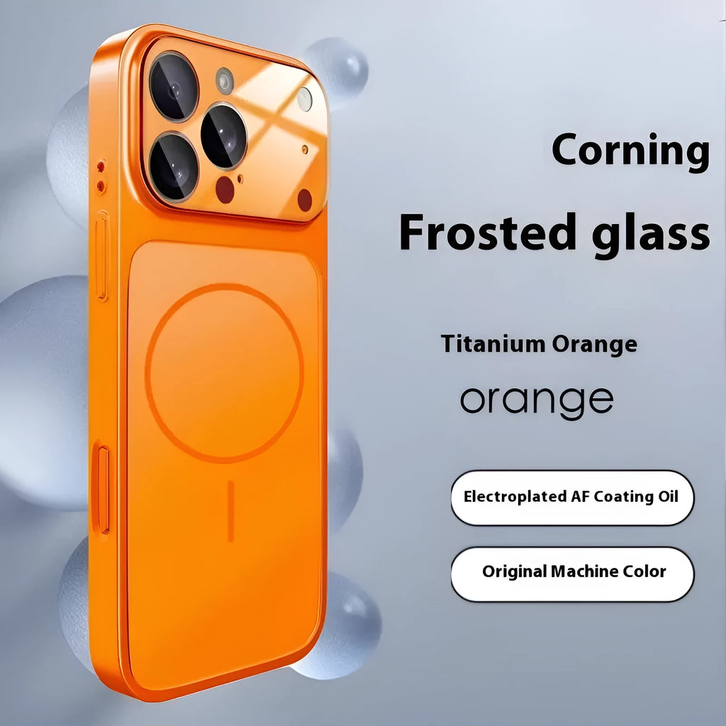 Frosted tempered glass phone case with magnetic suction for iPhone, shown in orange colour.