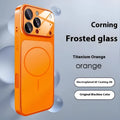Frosted tempered glass phone case with magnetic suction for iPhone, shown in orange colour.