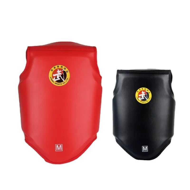Red one-piece boxing helmet chest protector for fighting training, shown with sizes S, M, L available.