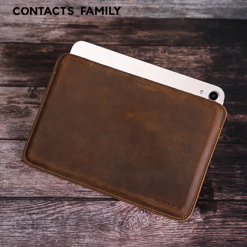 Brown genuine leather iPad protective case in horizontal orientation handmade anti-fall cover