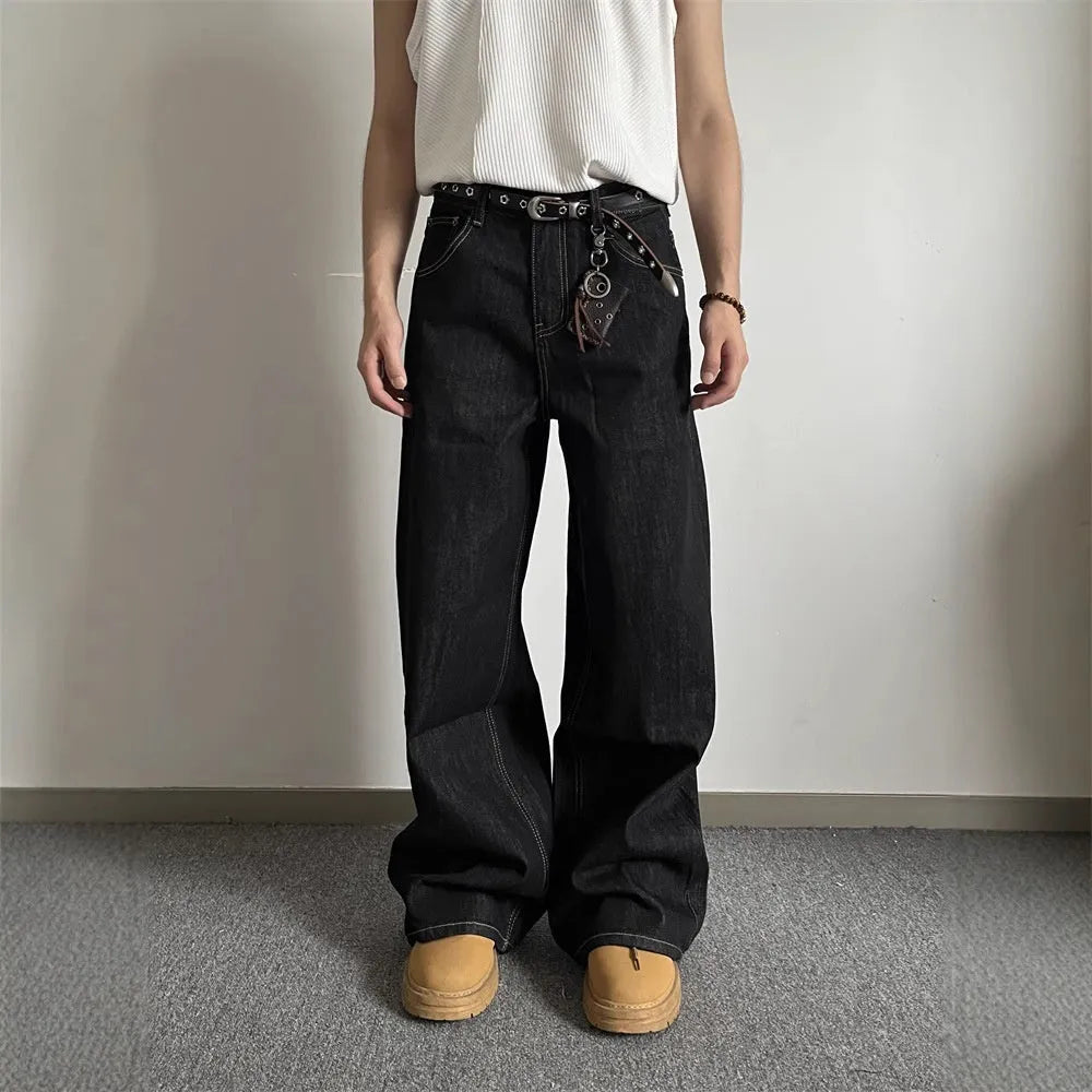 Black retro loose wide-leg jeans with straight-leg design on mannequin