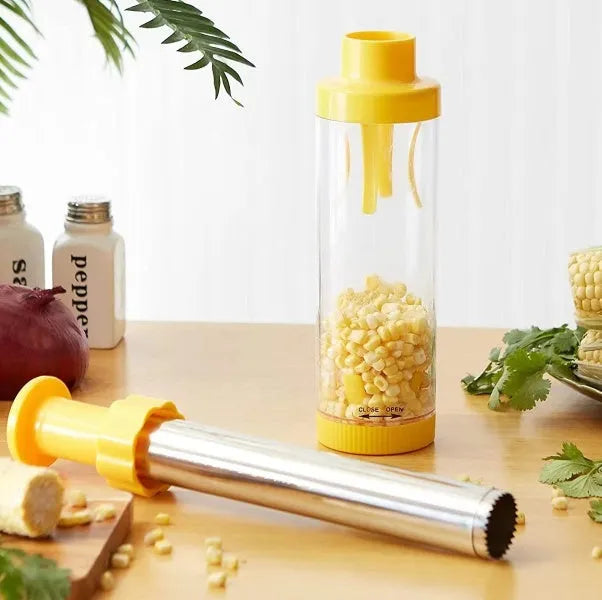 Yellow cylindrical corn stripper with stainless steel blades and ABS plastic housing