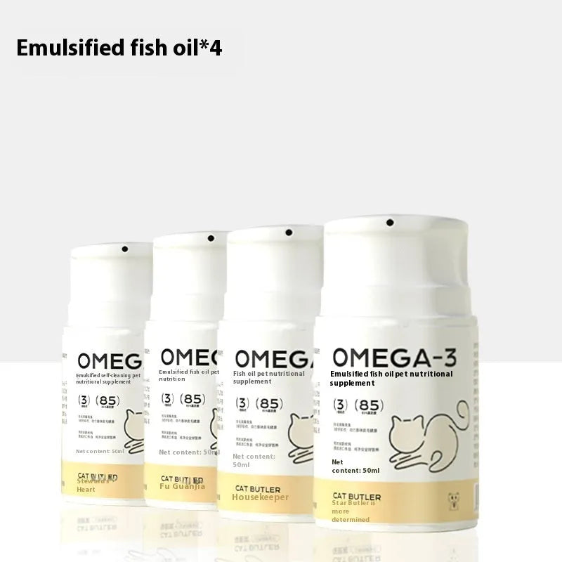 Cat Butler Pet Fish Oil 120ml bottle with RTG extracted fish oil, krill oil, and astaxanthin supplement for cats