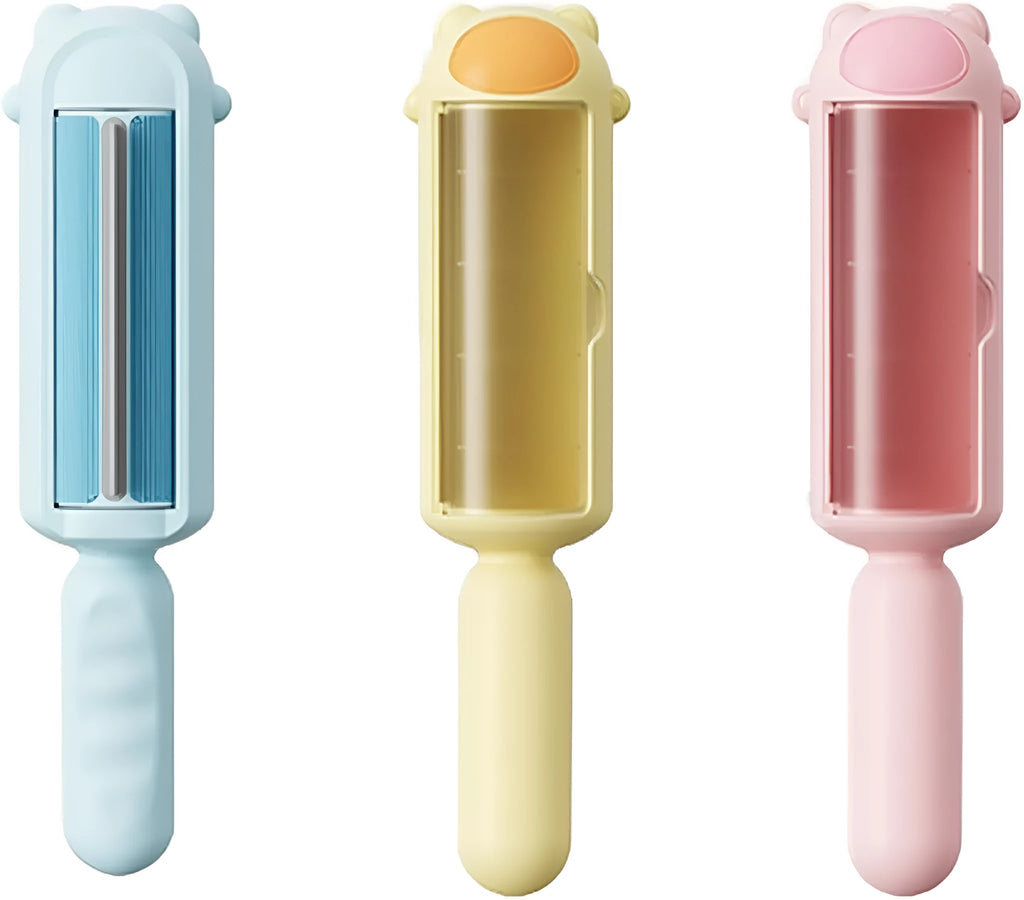 Blue pet hair remover roller with self-cleaning base for furniture and car seats.