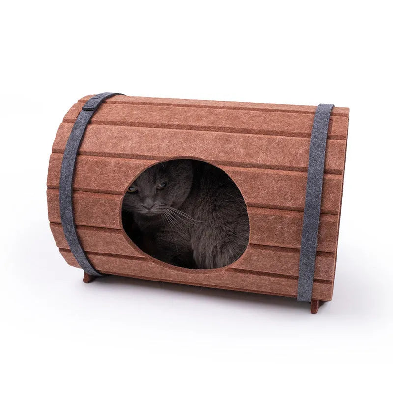 Assembled wine barrel shaped pet bed made from polyester fibre felt for cats