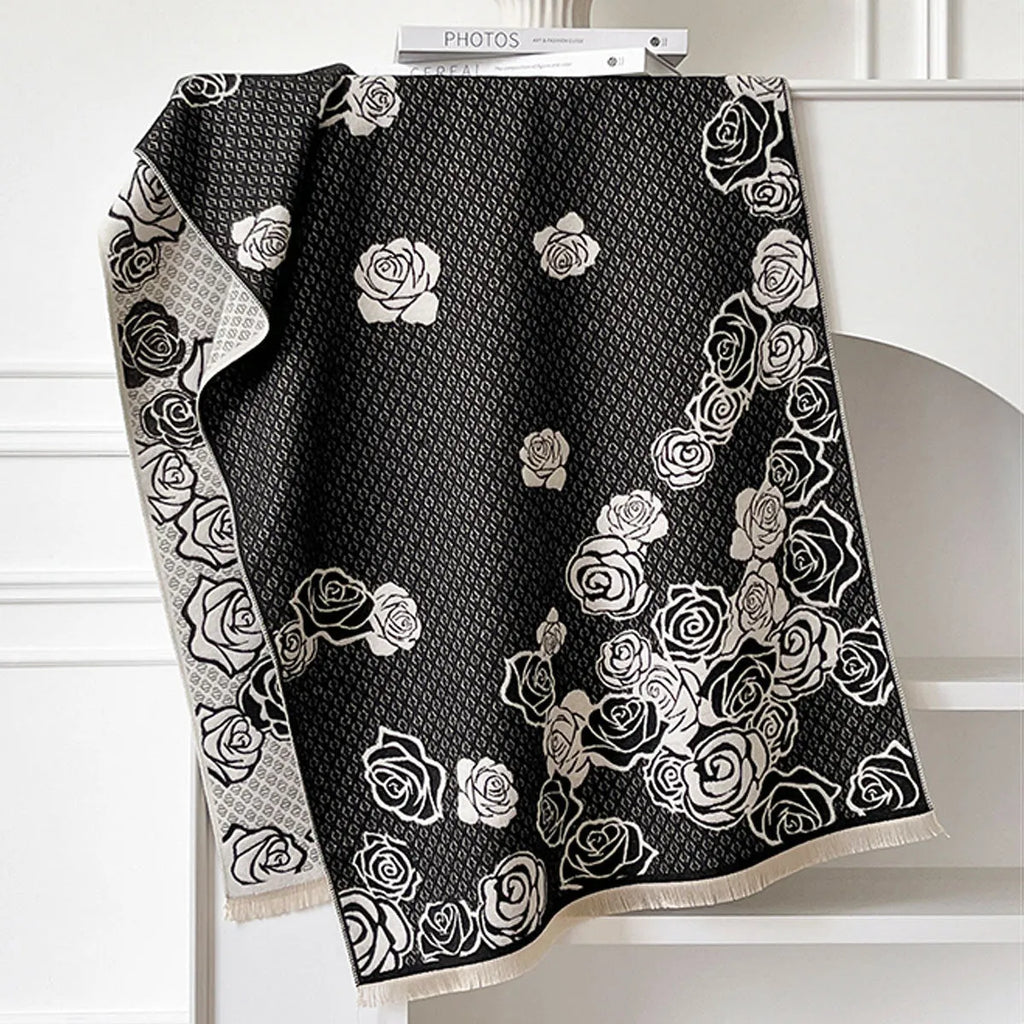 Long gray imitation cashmere scarf with tassel fringe, shown draped, for winter wear.