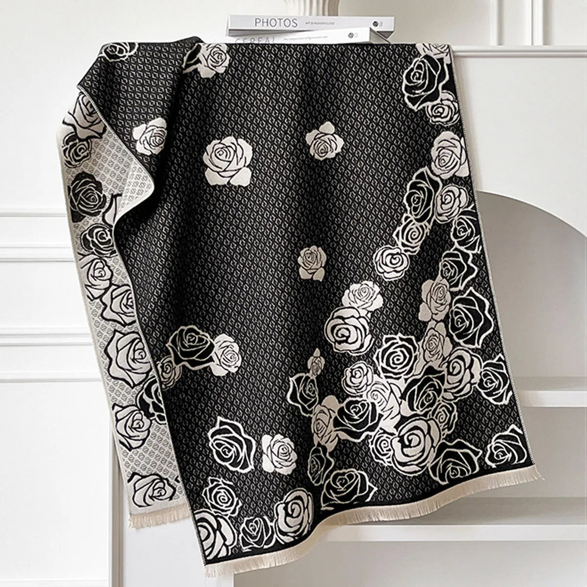 Long gray imitation cashmere scarf with tassel fringe, shown draped, for winter wear.