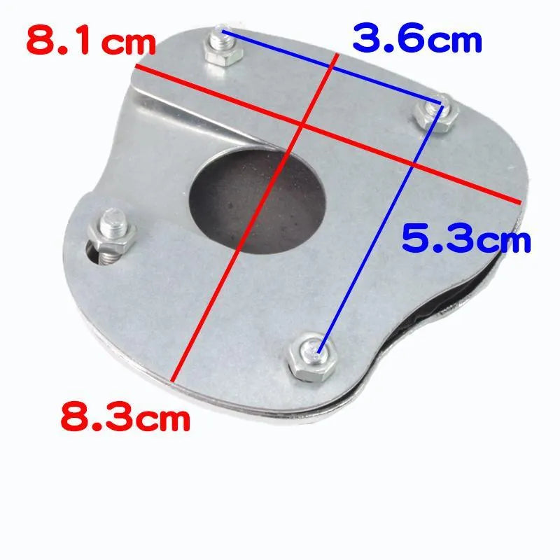 Metal motorcycle brake pedal skid plate showing three style options