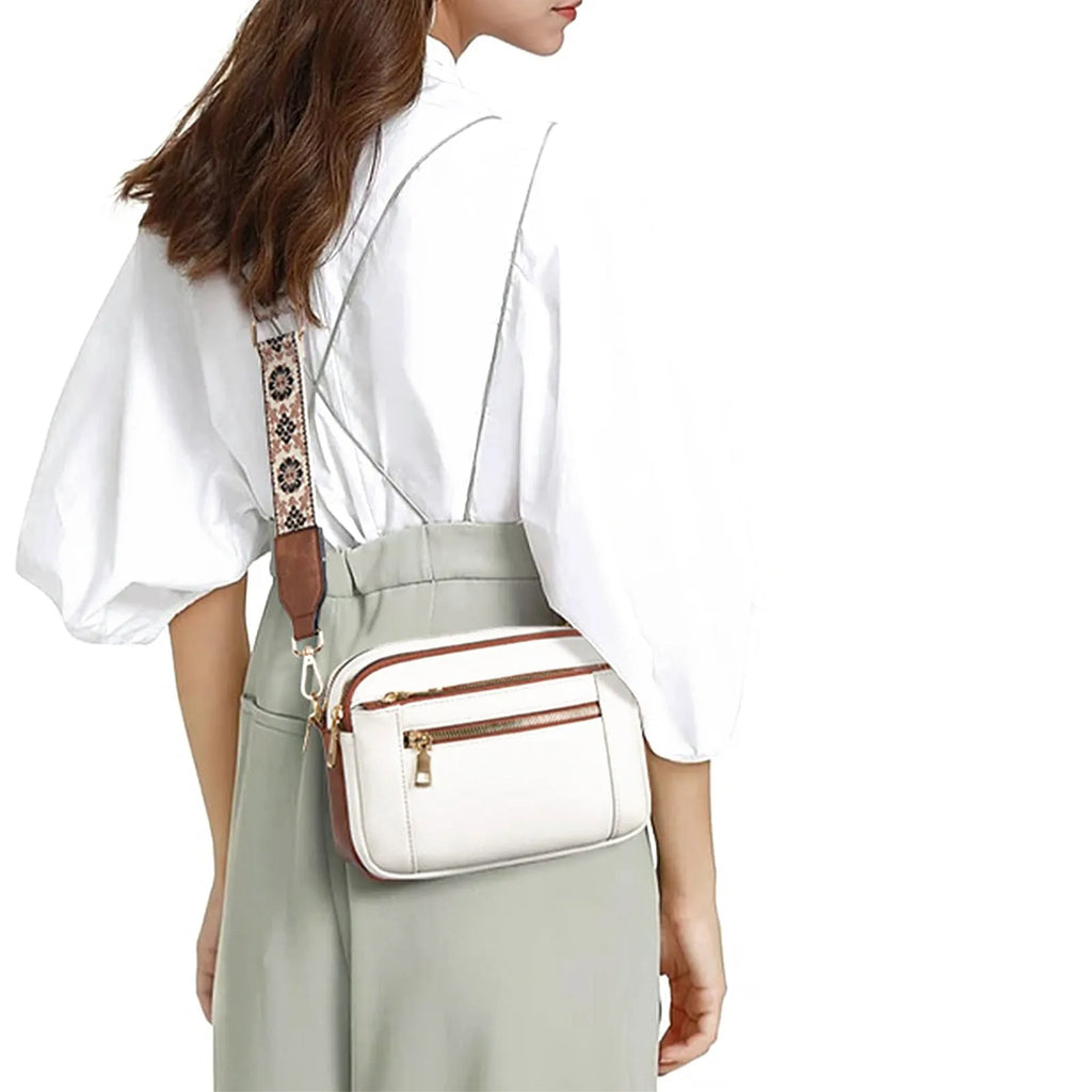 Triple-zipper colourblock crossbody bag with floral embroidered strap for women