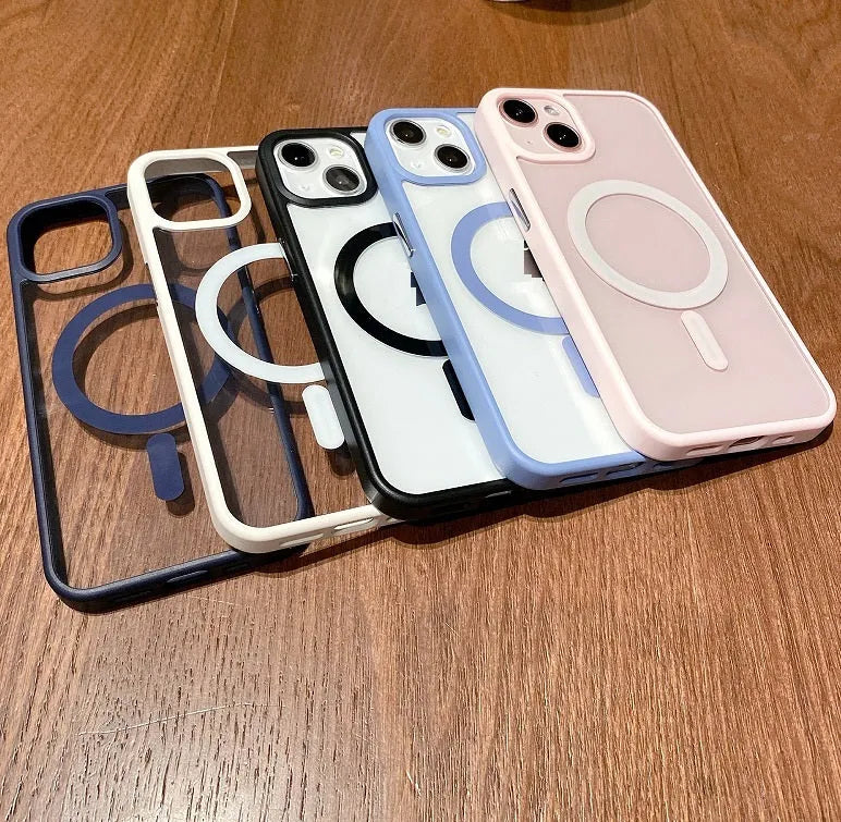 Transparent magnetic iPhone case showing phone through clear acrylic back with MagSafe compatibility