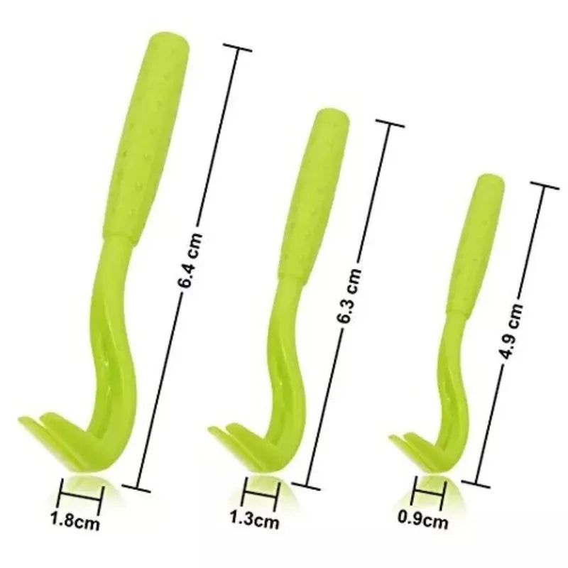 Set of three blue or green plastic tick removal hook tools for pets on a white background.