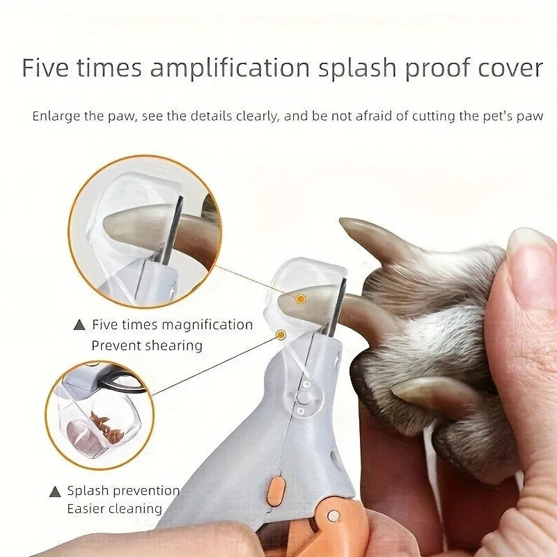Yellow LED pet nail trimmer with magnifying glass and nail catcher for cats and dogs