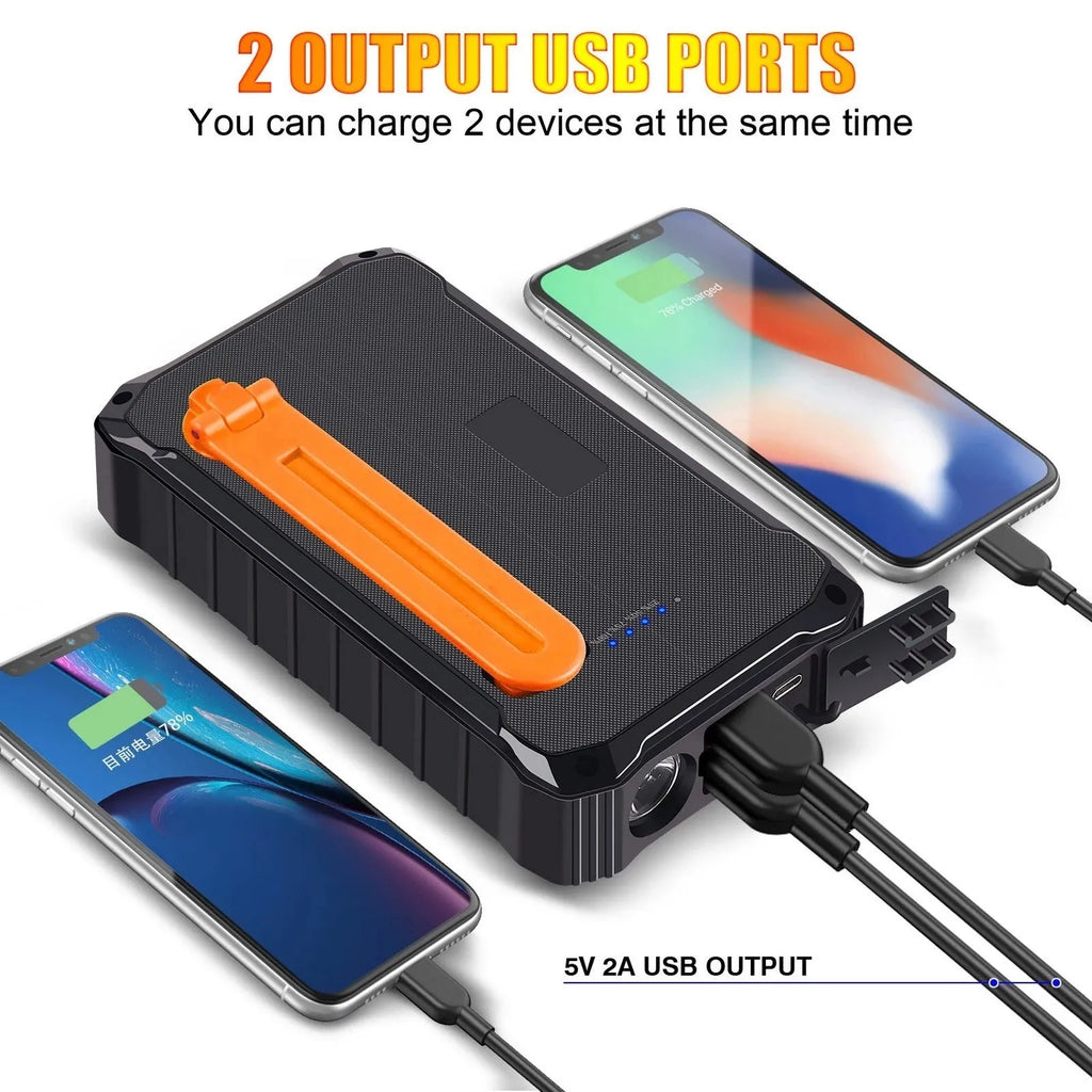 Orange and green hand solar power bank with solar panel, hand crank, dual USB ports, and LED light.