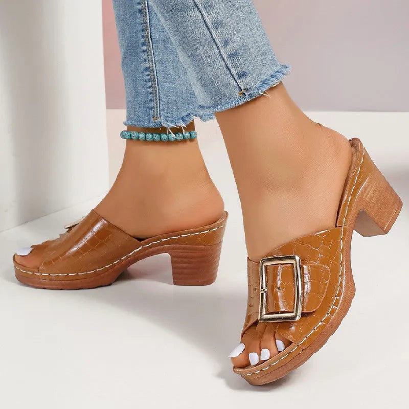 Crocodile-textured buckle slide sandals with square chunky heel and peep-toe front, black or orange