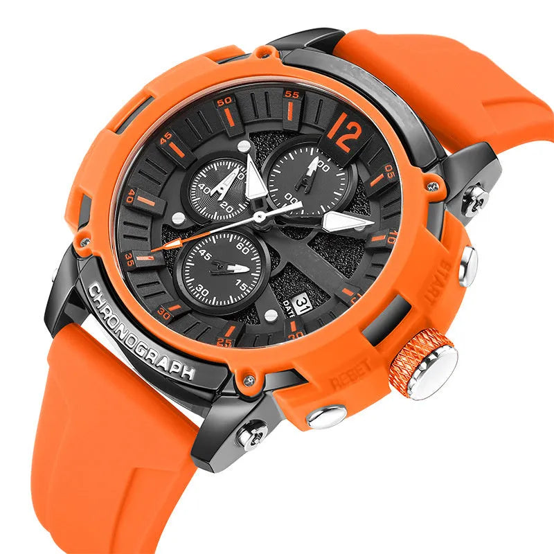 Men's black quartz wristwatch with luminous dial and calendar, waterproof to 30 metres.