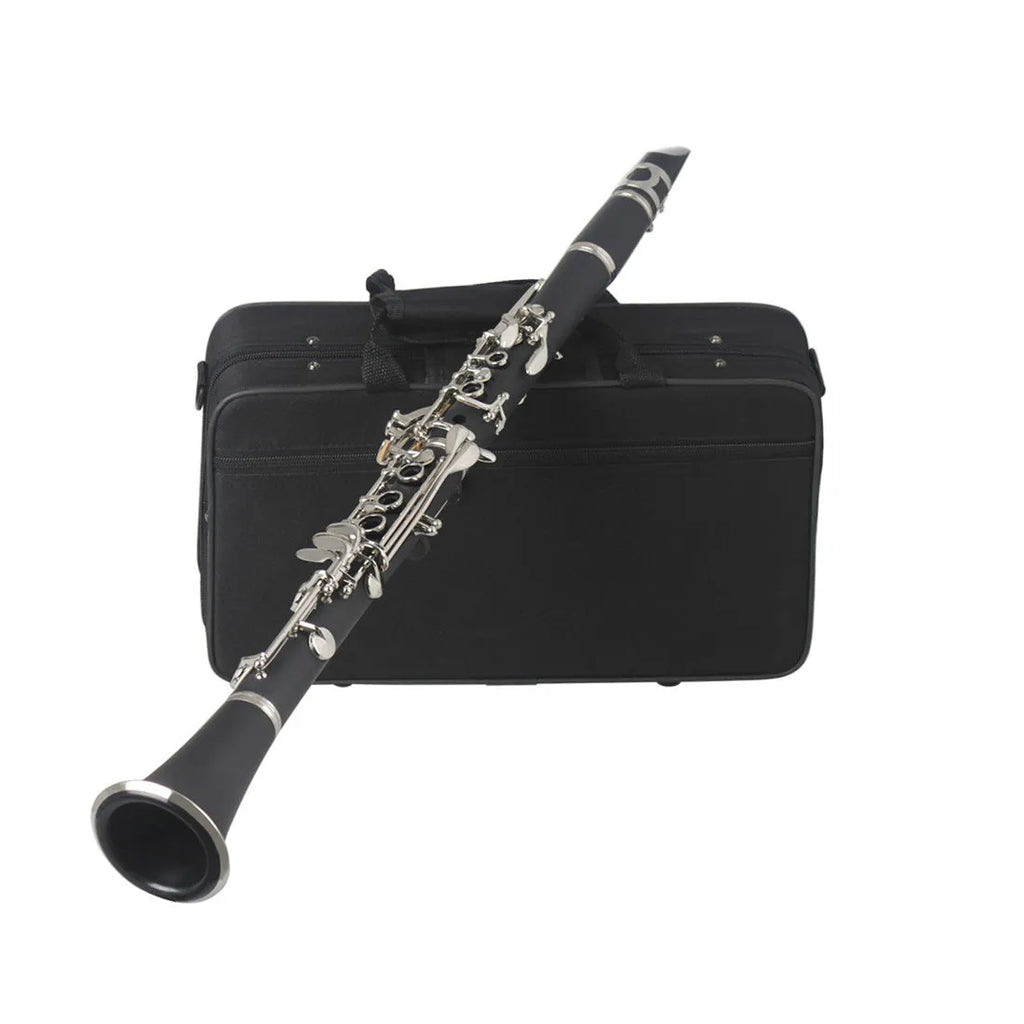Black bakelite beginner clarinet with 17 nickel keys and a carrying bag.