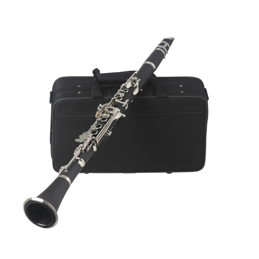 Black bakelite beginner clarinet with 17 nickel keys and a carrying bag.