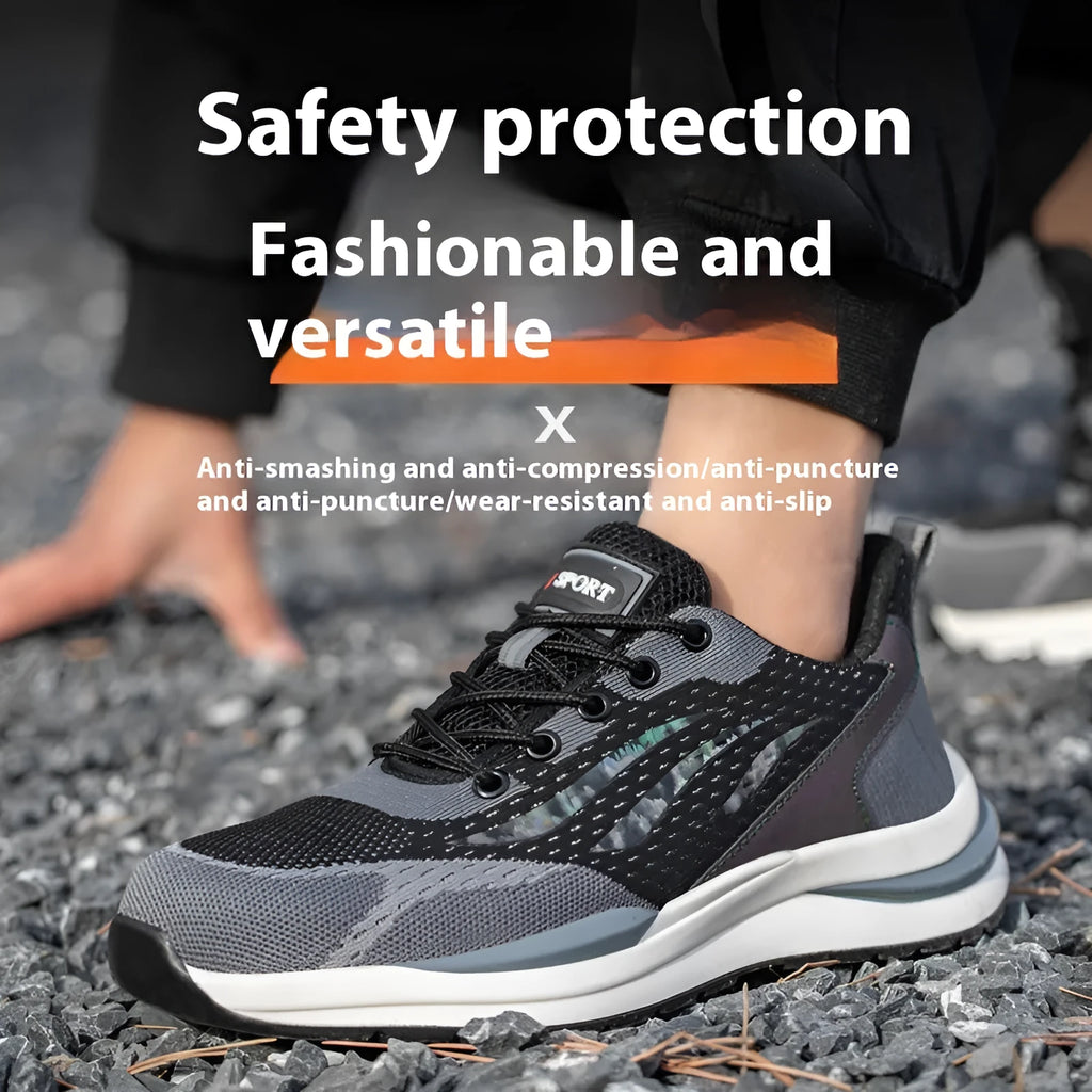 Men's black grey insulated electrician safety shoes with plastic toe, microfiber leather and flyknit mesh upper, PU sole