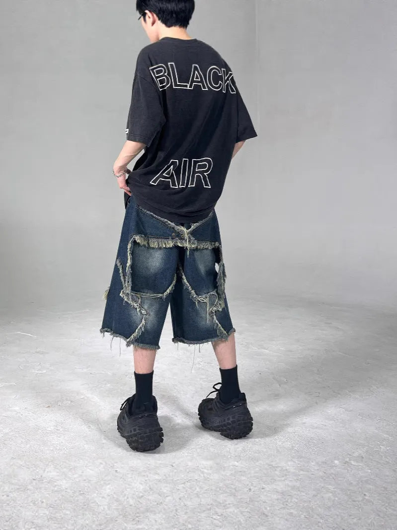 Blue retro denim shorts with frayed hem and five-pointed star design, loose fit for summer