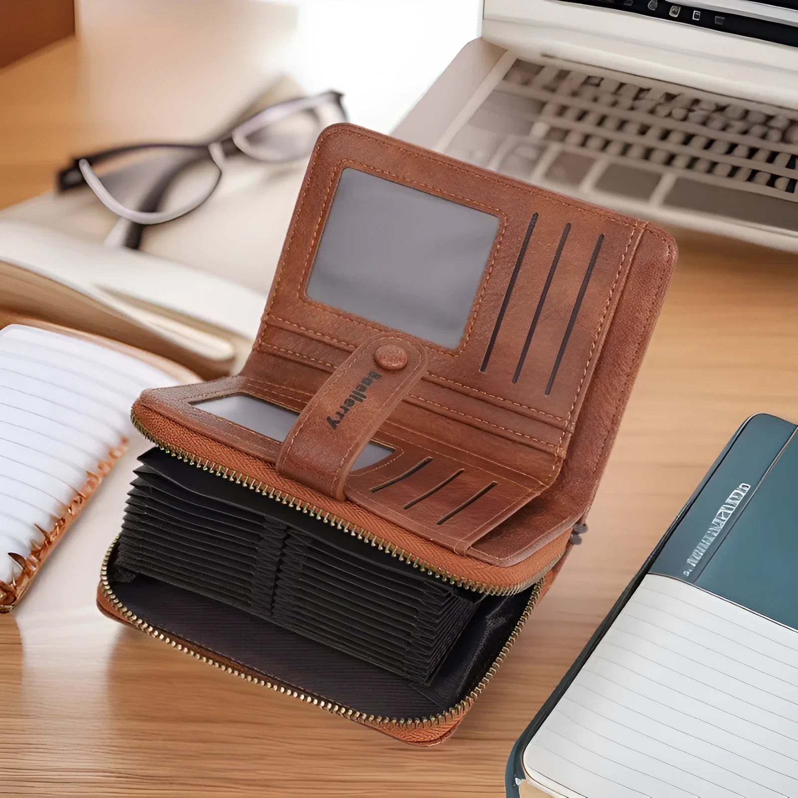 Women's black PU leather coin purse with fashion zipper closure showing card storage compartment